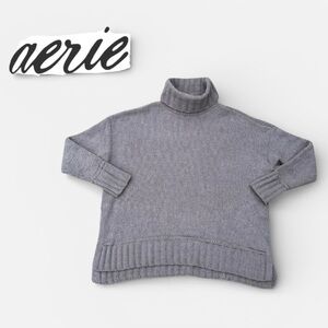 Aerie Chenille Turtle Neck Split Side Oversized Sweater in Mushroom Size XS